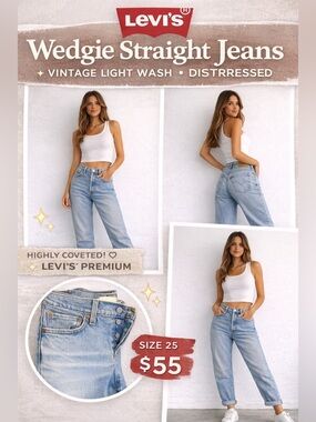 Levi’s Wedgie Straight Jeans Size 25 High Rise Light Wash Vintage Distressed